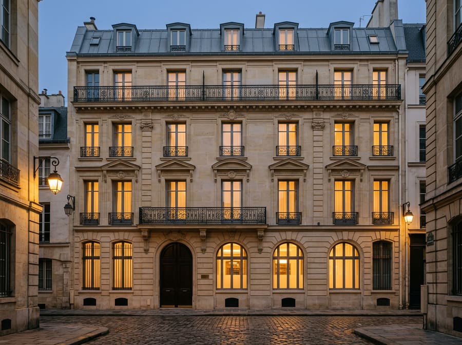 Façade en pierre d’un petit hôtel parisien au crépuscule. Illustration.
