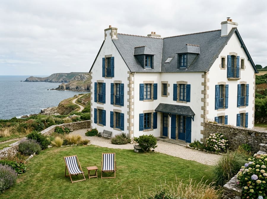 Maison blanche aux volets bleus face à la mer, en Bretagne. Illustration.