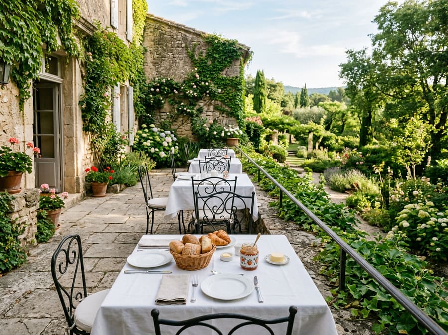 Terrasse de petit-déjeuner donnant sur un jardin. Illustration.