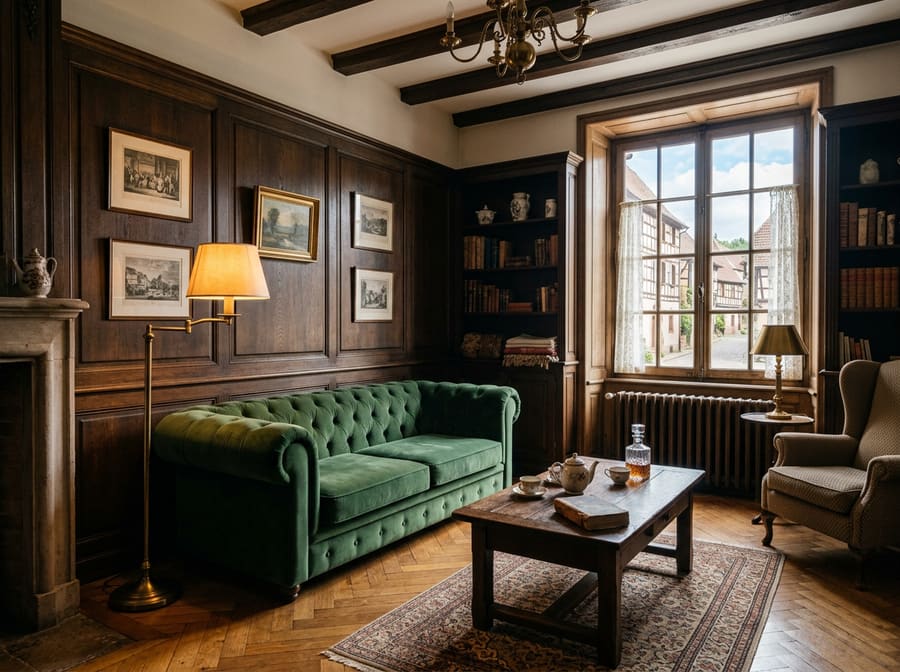 Salon boisé d’un hôtel alsacien, canapé en velours vert. Illustration.